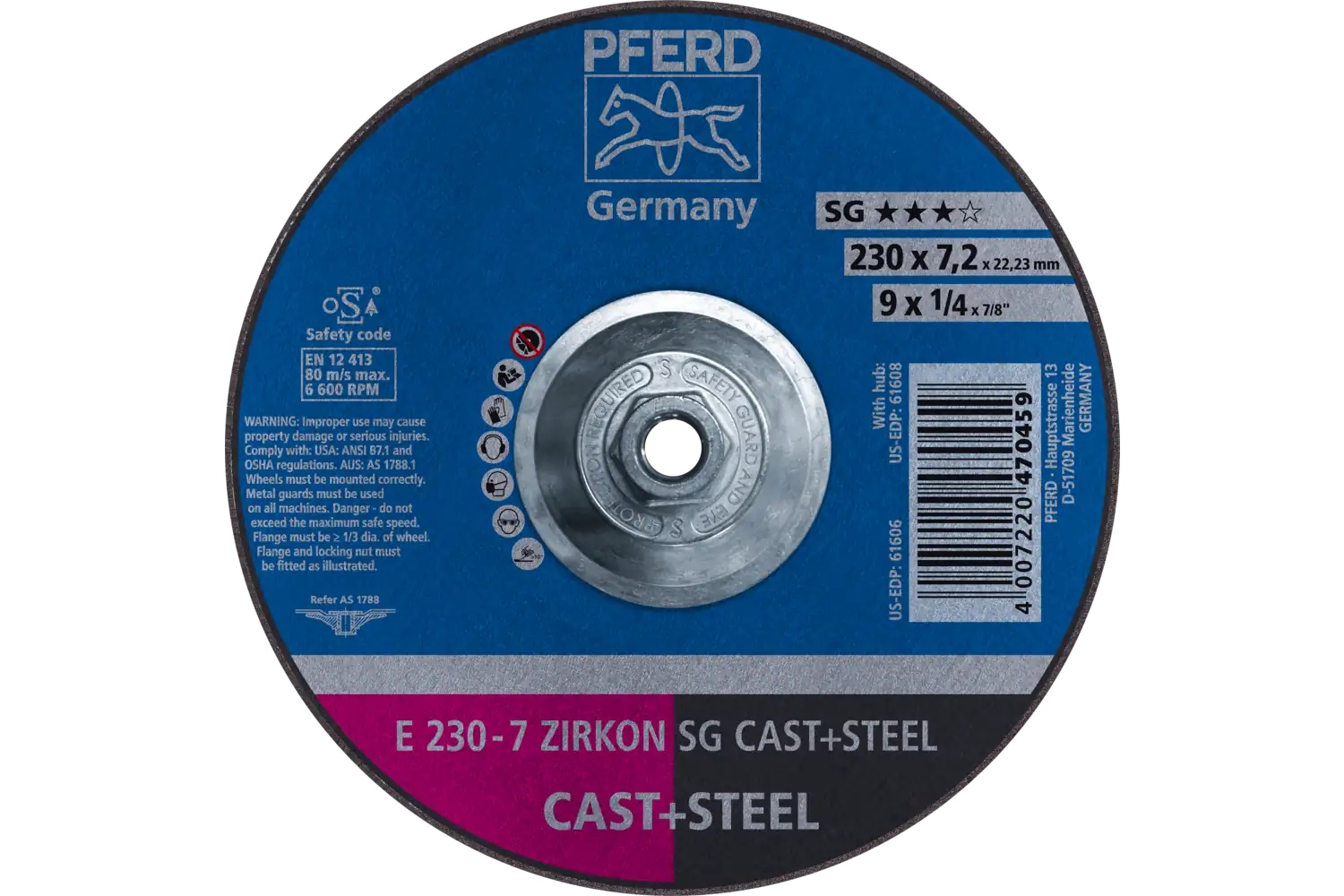 Picture of Pferd Grinding Wheel, 9" X 1/4 X 5/8-11, Zircon Sg Cast+Steel, T27, Za, Ao